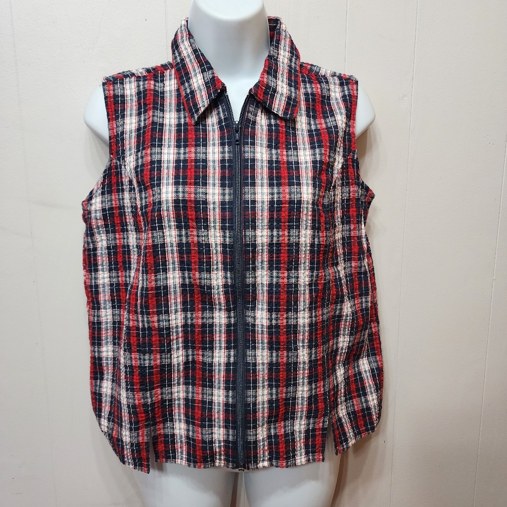 Carolina Colours Vest Medium Plaid‎ Sleeveless Zip-Up Lightweight Casual C275